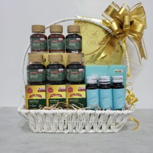 Gin Thye Imperial Wellness Hamper with American Ginseng Tea, Chicken Tonic, and Collagen Drinks arranged in a square handle basket