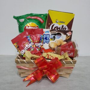 Gin Thye Joyful Treats Hamper with biscuits, chocolates, and chips in a colourful rectangle basket