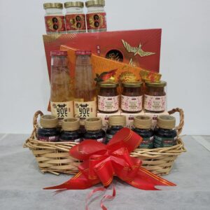 Premium recovery hamper by Gin Thye with bird’s nest, collagen drink, chicken tonic, ginseng candy, and aloe vera beverage in bamboo basket