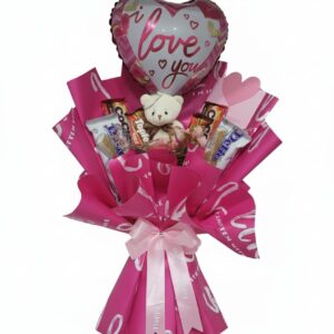Gin Thye “I Love You” bouquet with teddy bear, heart balloon, and chocolates in pink wrapping