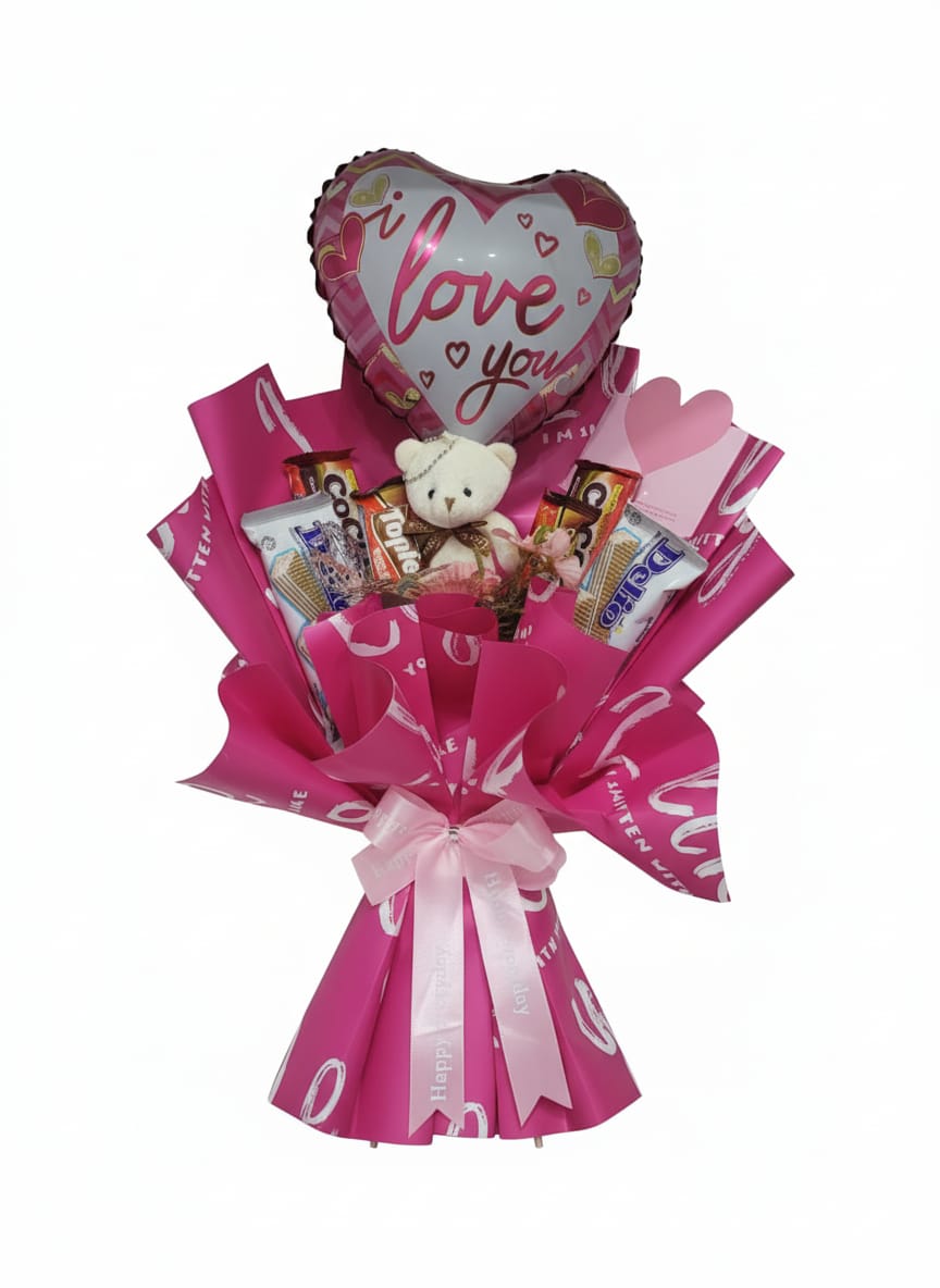 Gin Thye “I Love You” Teddy & Chocolate Bouquet Gin Thye “I Love You” bouquet with teddy bear, heart balloon, and chocolates in pink wrapping