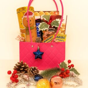 Gin Thye Merry Moments Hamper filled with chocolates, wafers, and pistachios in a red PVC gift bag