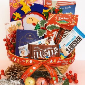 Gin Thye Holiday Bliss Hamper with chocolates, biscuits, and nuts arranged in a red oval basket