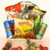 Christmas Cheers & Chocolates Luxury Hamper Gin Thye Cheers & Chocolates Hamper with beer, nuts, and snacks in a festive willow basket
