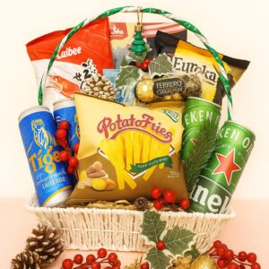 Gin Thye Cheers & Chocolates Hamper with beer, nuts, and snacks in a festive willow basket