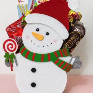 Snowman felt bag filled with chocolates, matcha biscuits, and gummies