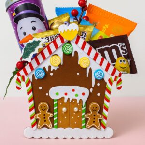 Gingerbread themed felt gift bag with wafers, chocolates, and gummies