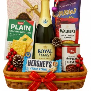 Gin Thye Festive Rattan Delight Hamper with sparkling juice, snacks, chocolates, and nuts in a rattan luggage basket