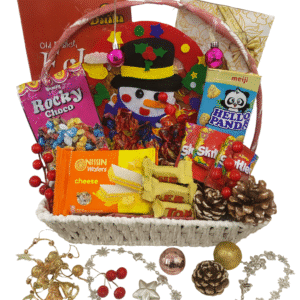 Gin Thye Sweet Celebration Hamper with assorted chocolates, wafers, and candies in a white willow basket