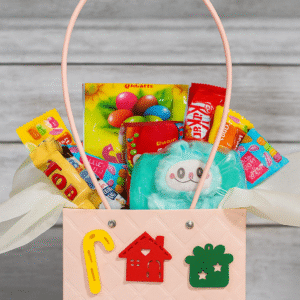 Mini Christmas PVC bag filled with chocolates, candies, and a Labubu purse